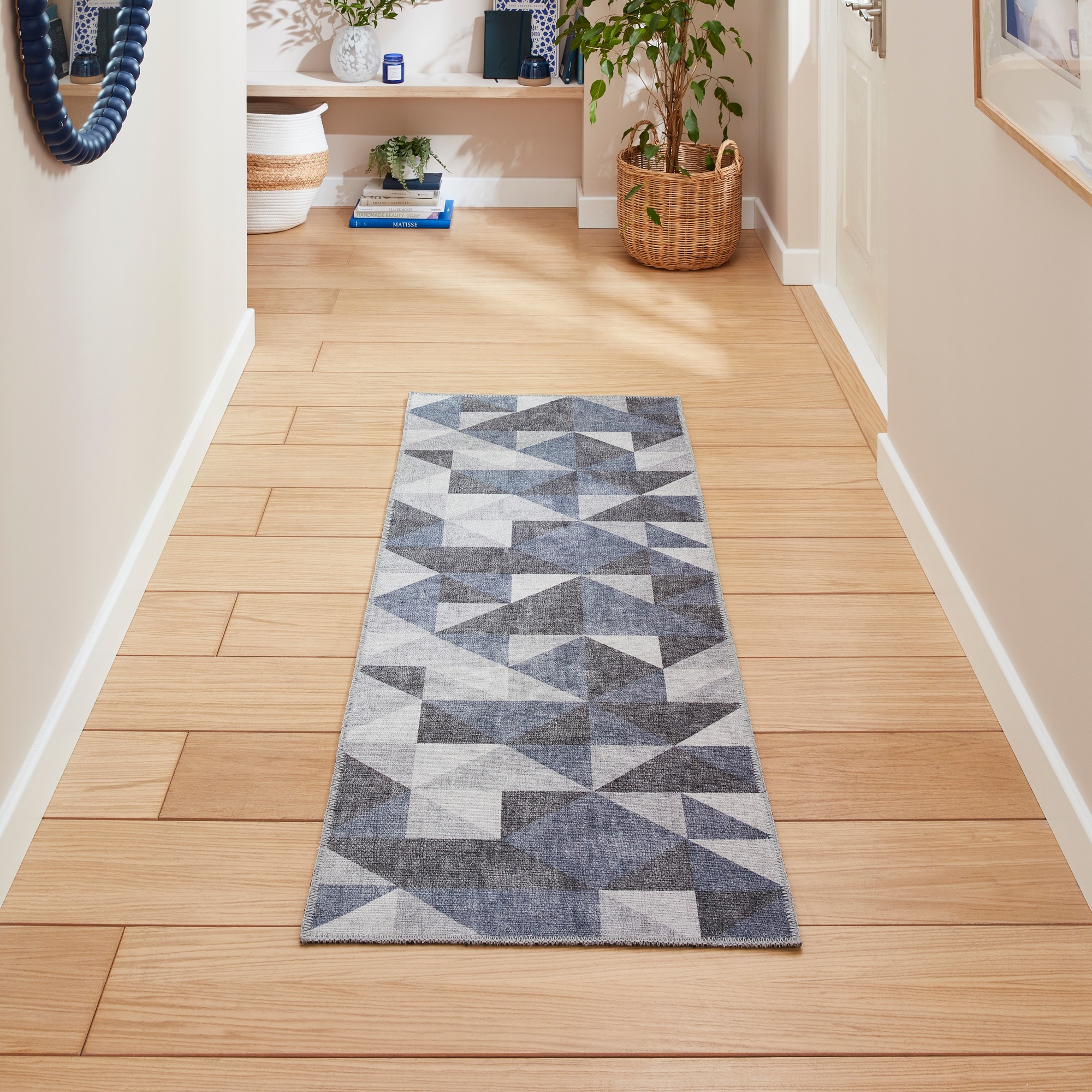 Coral H1057 Modern Washable Geometric Runner Rugs In Blue Grey